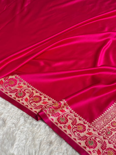 Banarasi Plain Satin Katan Saree Floral Minakari Pallu & Border Pattern in Rani Shades SK152