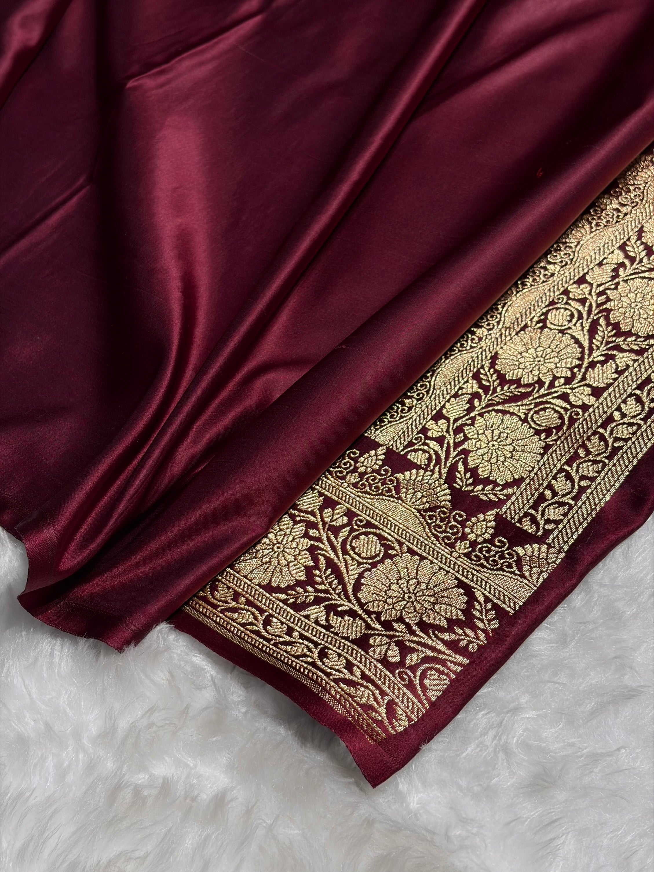 Chocolate Shade Floral Jaal Pattern Satin Katan Silk Saree SK43