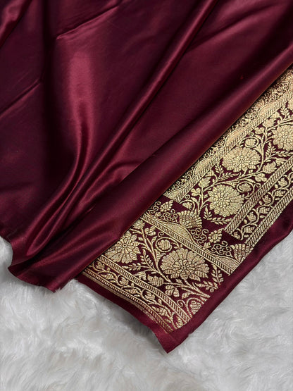 Chocolate Shade Floral Jaal Pattern Satin Katan Silk Saree SK43