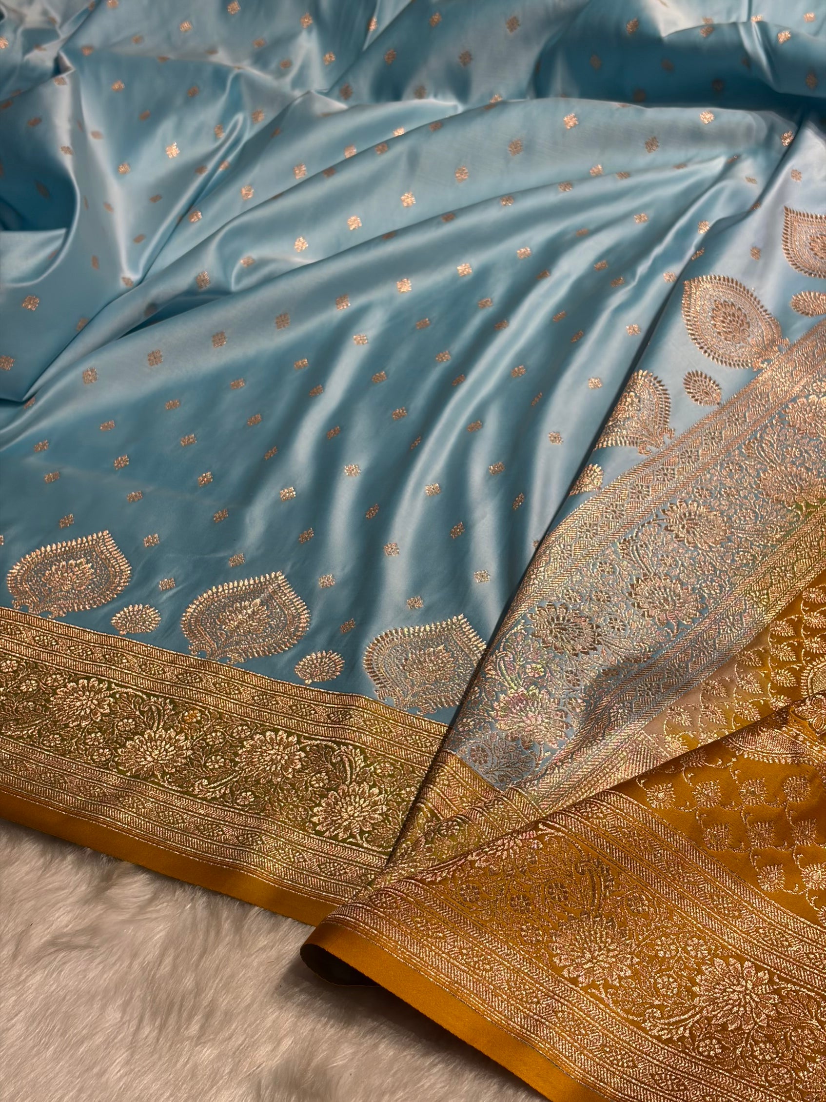 Sky blue with Mustard Booti Satin Katan Silk saree SK29