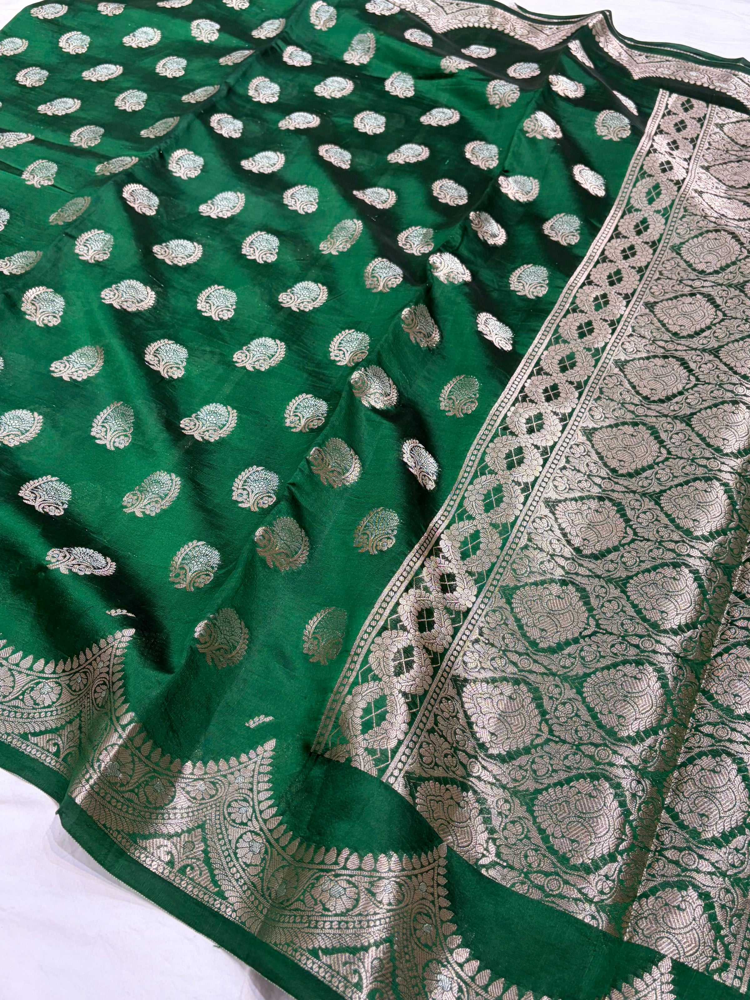 Bottle Green Flower Booti Pure Caramel Silk Saree