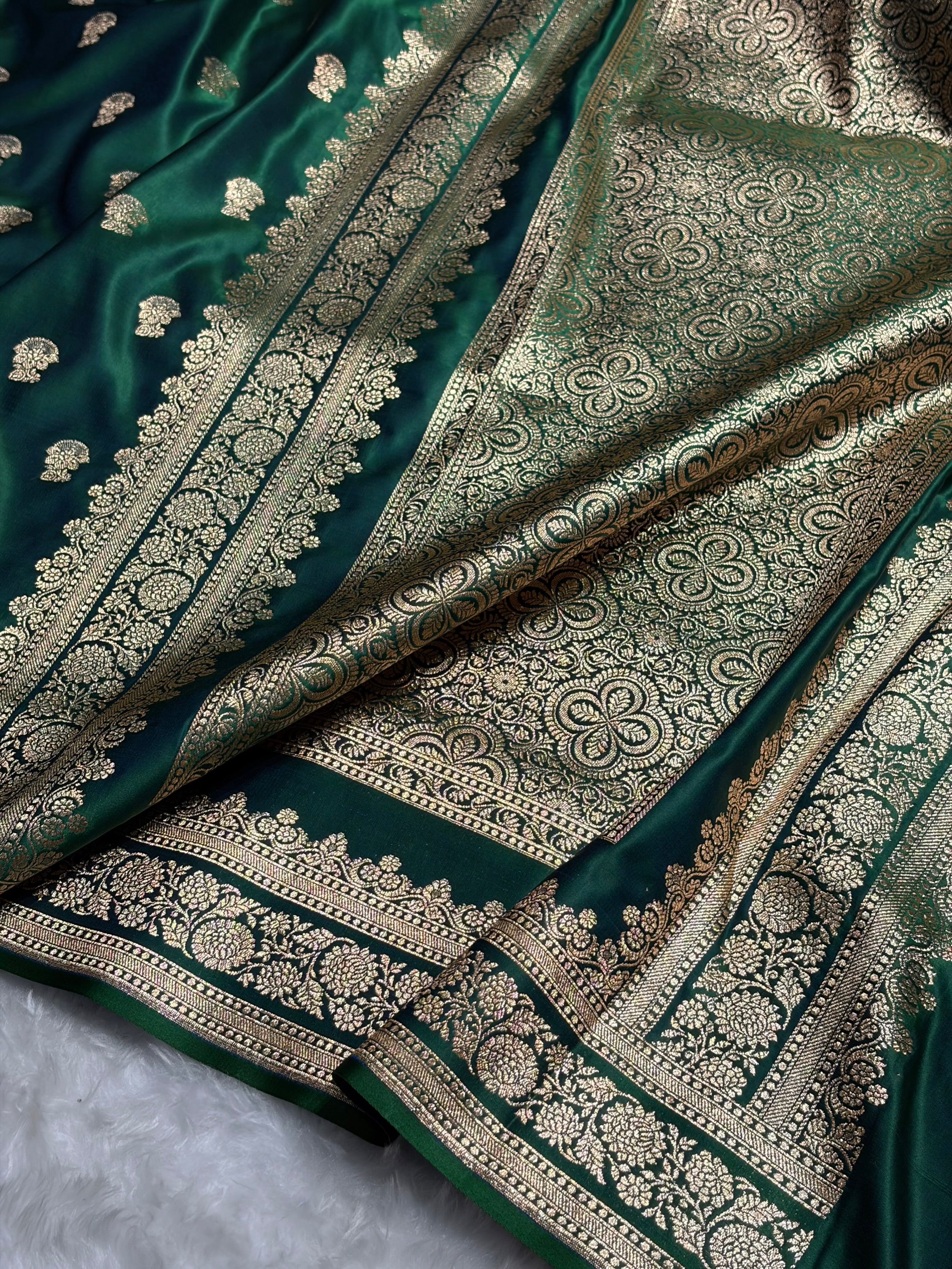 Cross Green Booti Pattern Satin Katan Silk Saree SK49