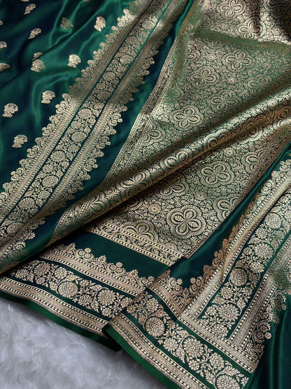 Cross Green Booti Pattern Satin Katan Silk Saree SK49