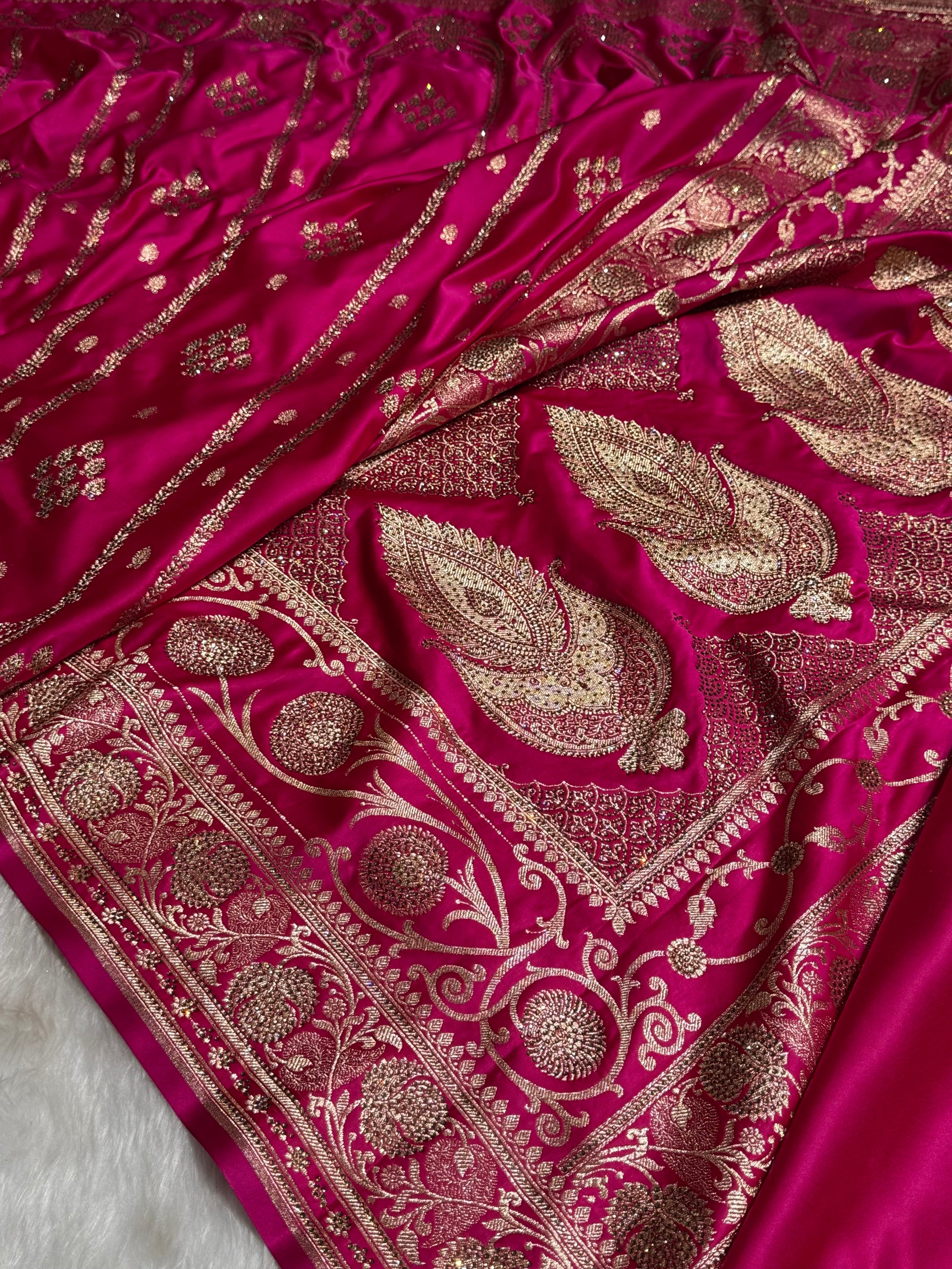 Rani Floral Boota Pattern With Siroski Stone Work Satin Katan Silk saree BSK39
