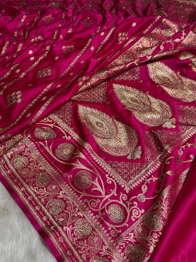 Rani Floral Boota Pattern With Bananas Swarovski Stone Work Satin Katan Silk saree BSK39