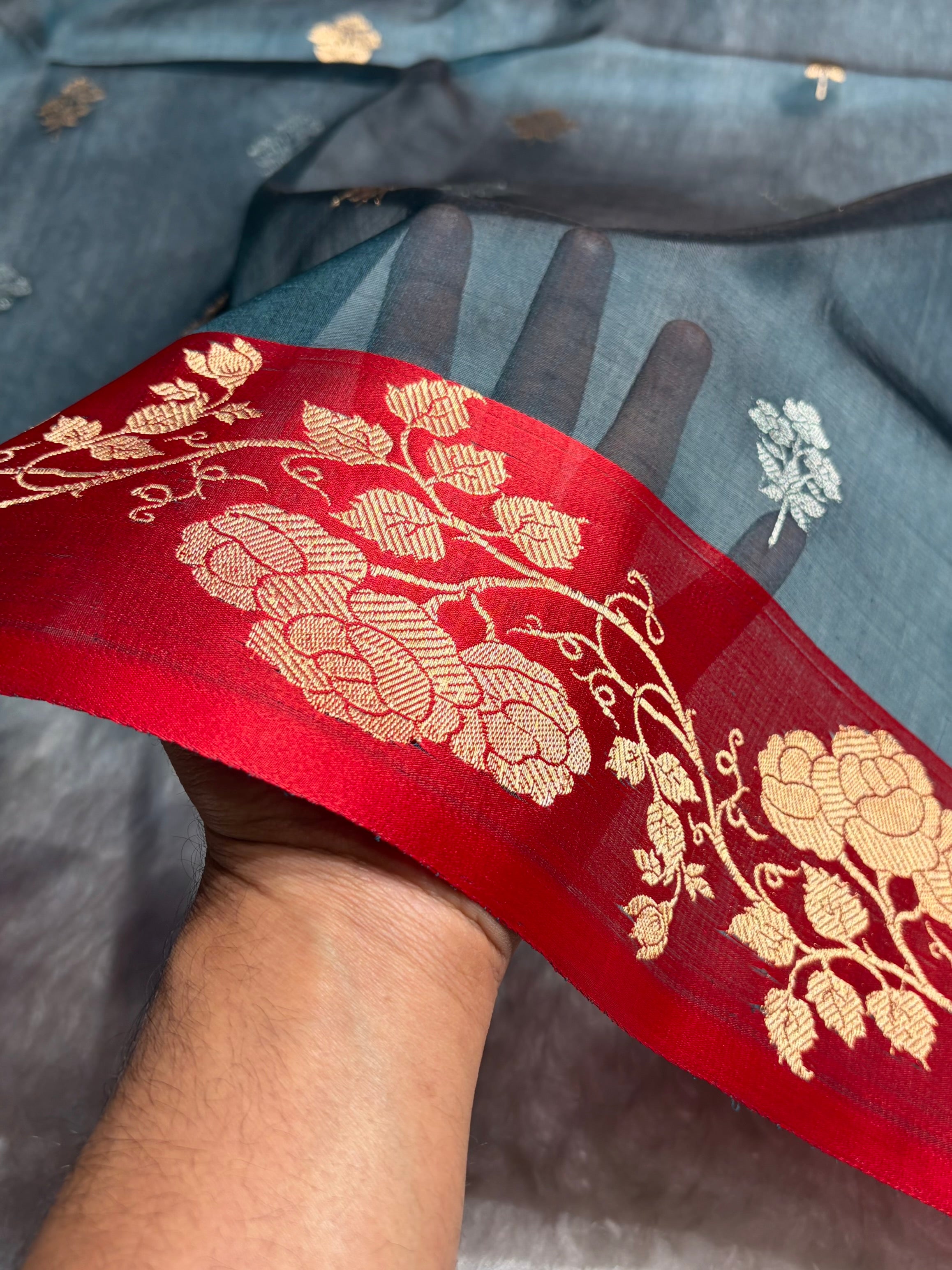 Contrast Pure Banarasi Organza Dark Rama With Maroon Floral Banarasi Silk Saree PO-13