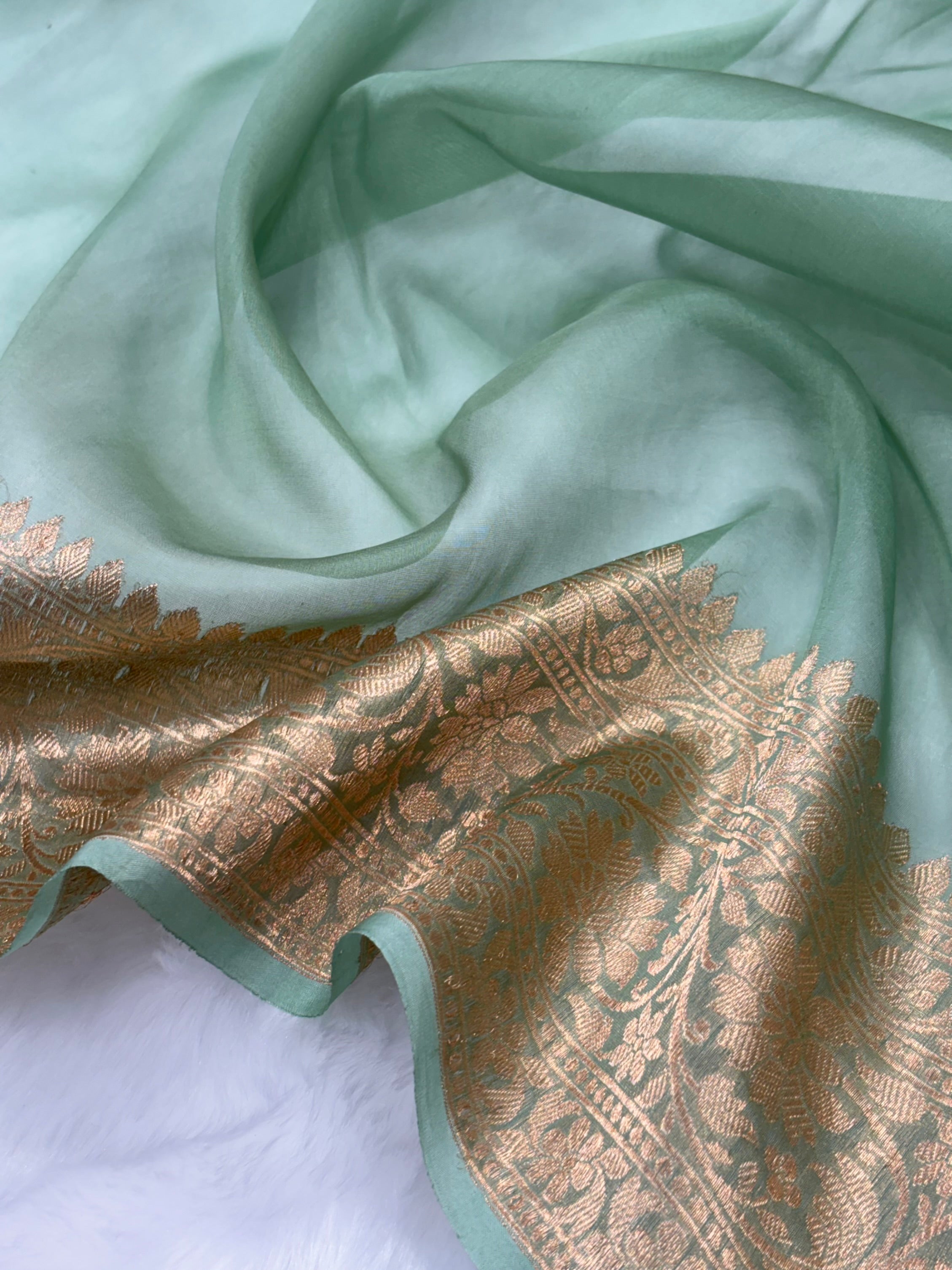 Pure Organza Light Green Meena Floral Banarasi Silk Saree PO-04