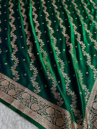 Banarasi Satin Katan Saree With Boota in Cross Green Shades SK108