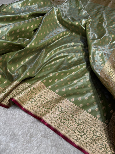Light Mehandi Booti satin Silk Saree SS01