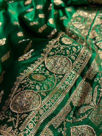 Banarasi Satin Katan Saree With Aari Zardozi Work Boota in Bottle Green Shades BSK98
