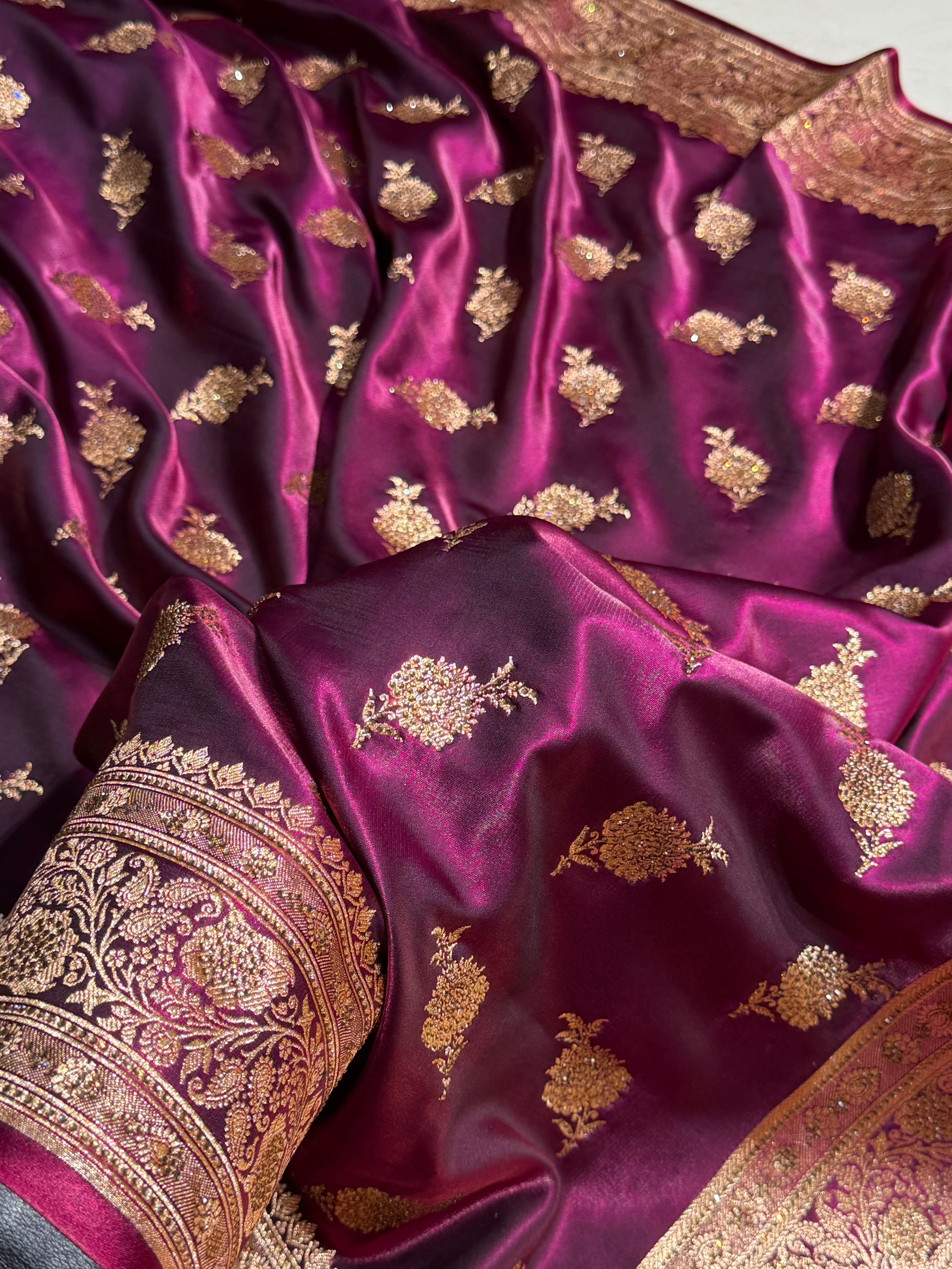 Satin Silk Saree Swarovski Work Floral Boota in Wine Shades BSS26