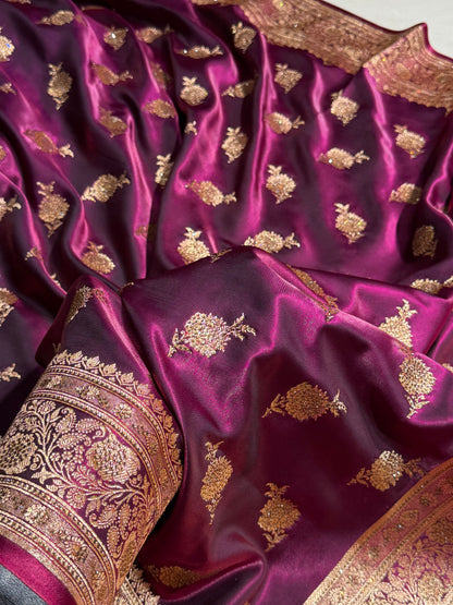 Satin Silk Saree Swarovski Work Floral Boota in Wine Shades BSS26