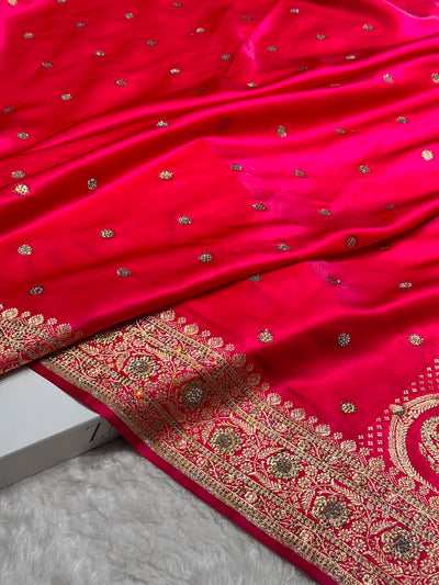 Satin Silk Saree Banarasi Booti With Swarovski Work in Cross Rani Shades BSS29