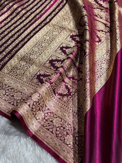 Wine Shades Stripe Pattern Banarasi Satin Silk Saree SS46