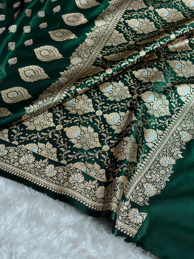Banarasi Bottle Green Shades Minakari Booti Pattern Banarasi Satin Silk Saree SS60