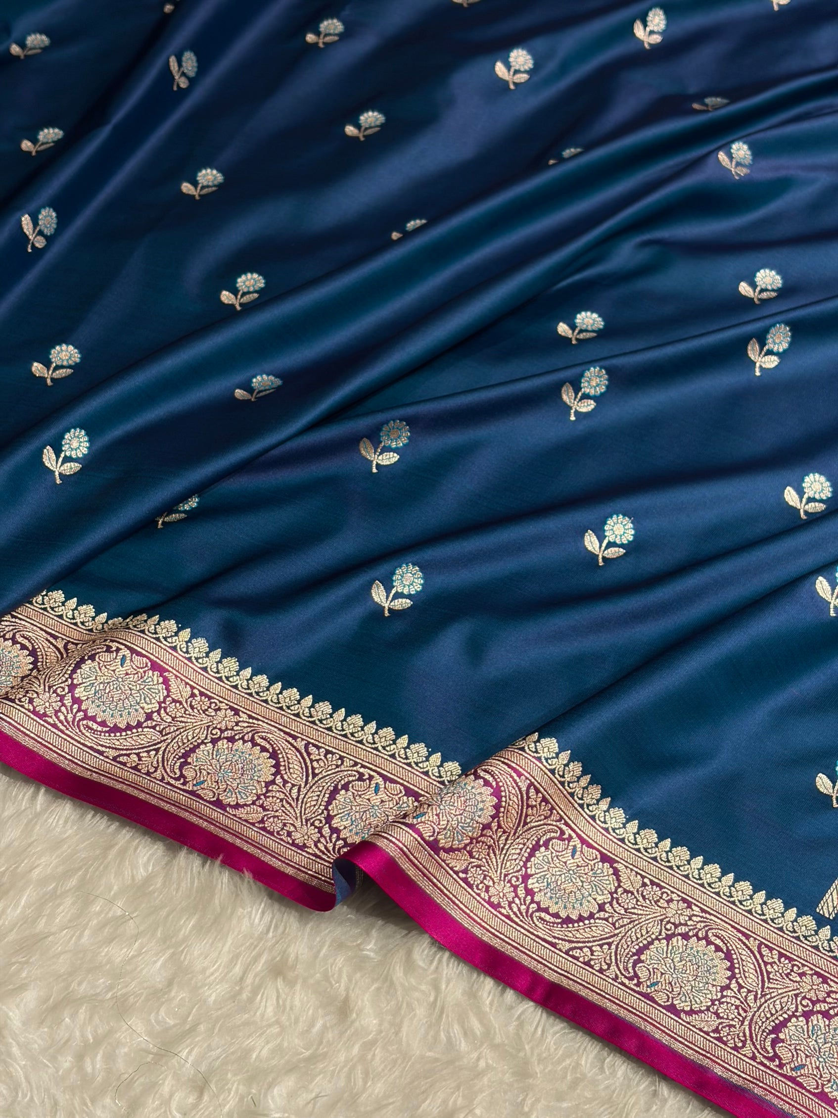 German Blue / Rani Shades Banarasi Booti Pattern Mashru Silk Saree MSM-137