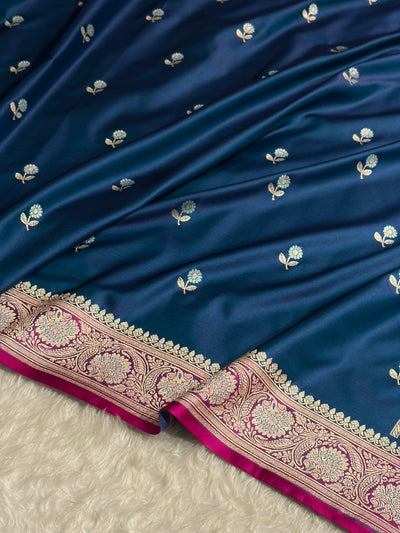 German Blue / Rani Shades Banarasi Booti Pattern Mashru Silk Saree MSM-137