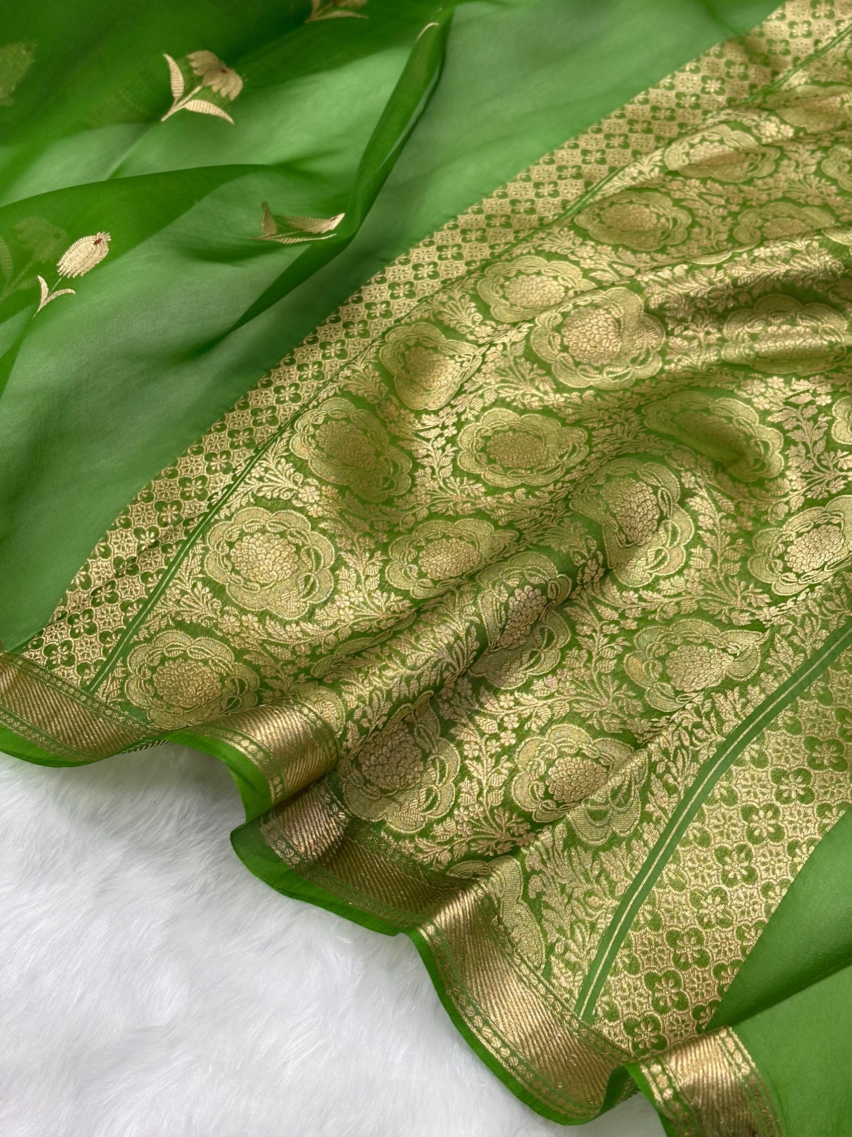 Pure Organza Light Mehendi Floral Meena Banarasi Silk Saree PO-02