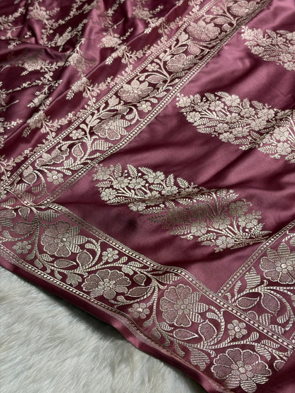 Copper Rose Shades Mashru Silk Banarasi Saree With Jaal Pattern MS71
