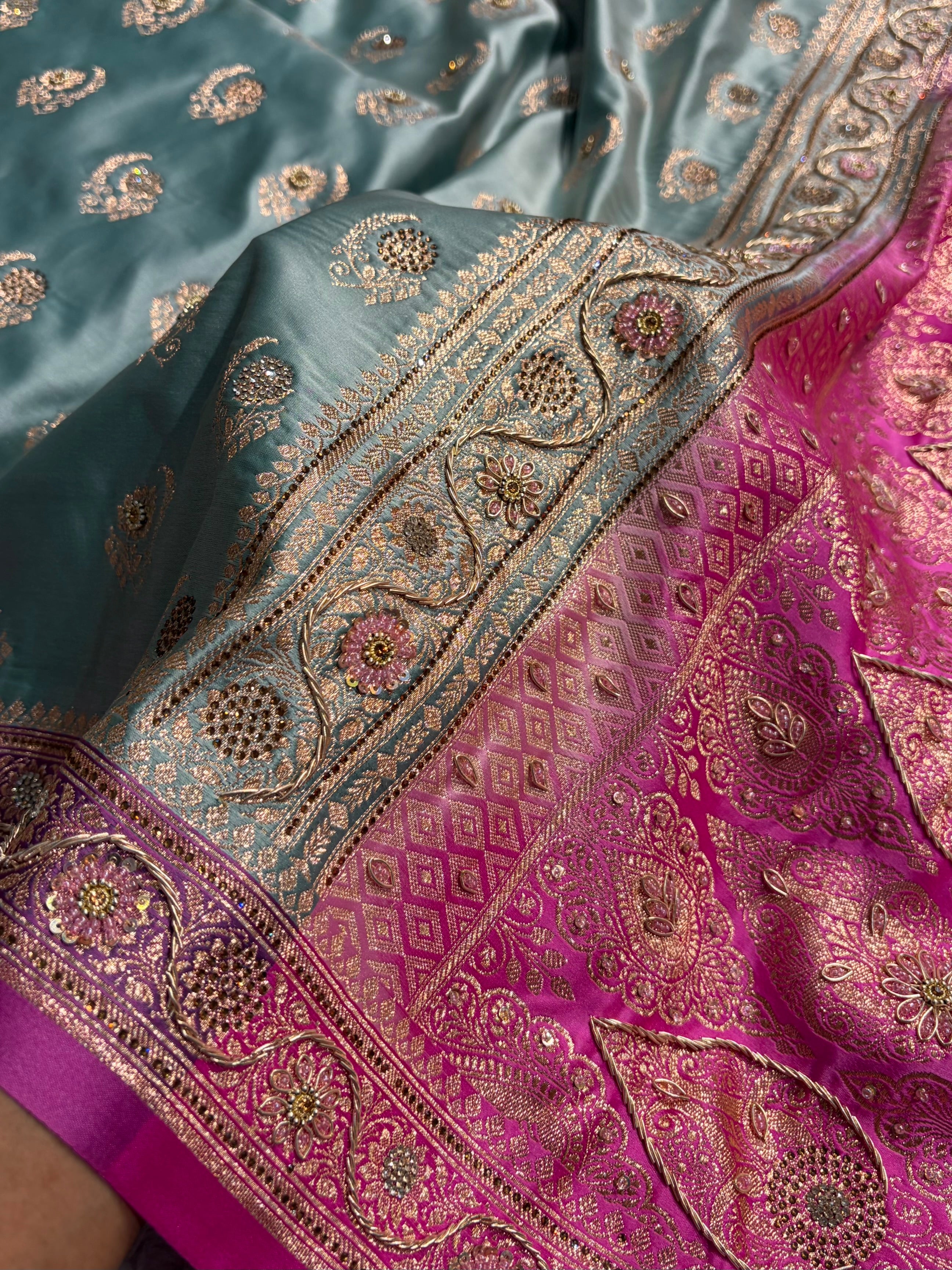 Turquoise with Lavender Floral Boota With Swarovski & Zardozi Work Satin Katan Silk saree BSK27