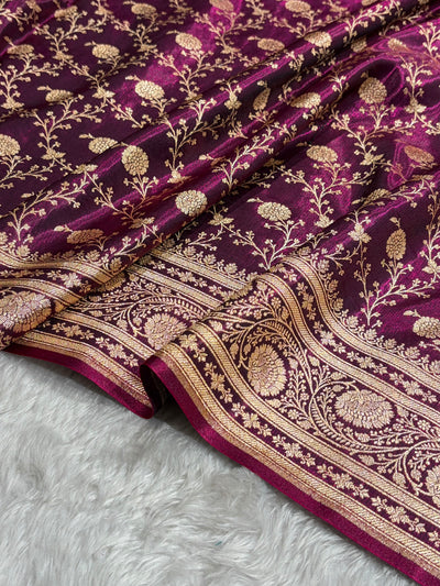 Wine Shades Jaal Pattern Banarasi Satin Silk Saree SS55