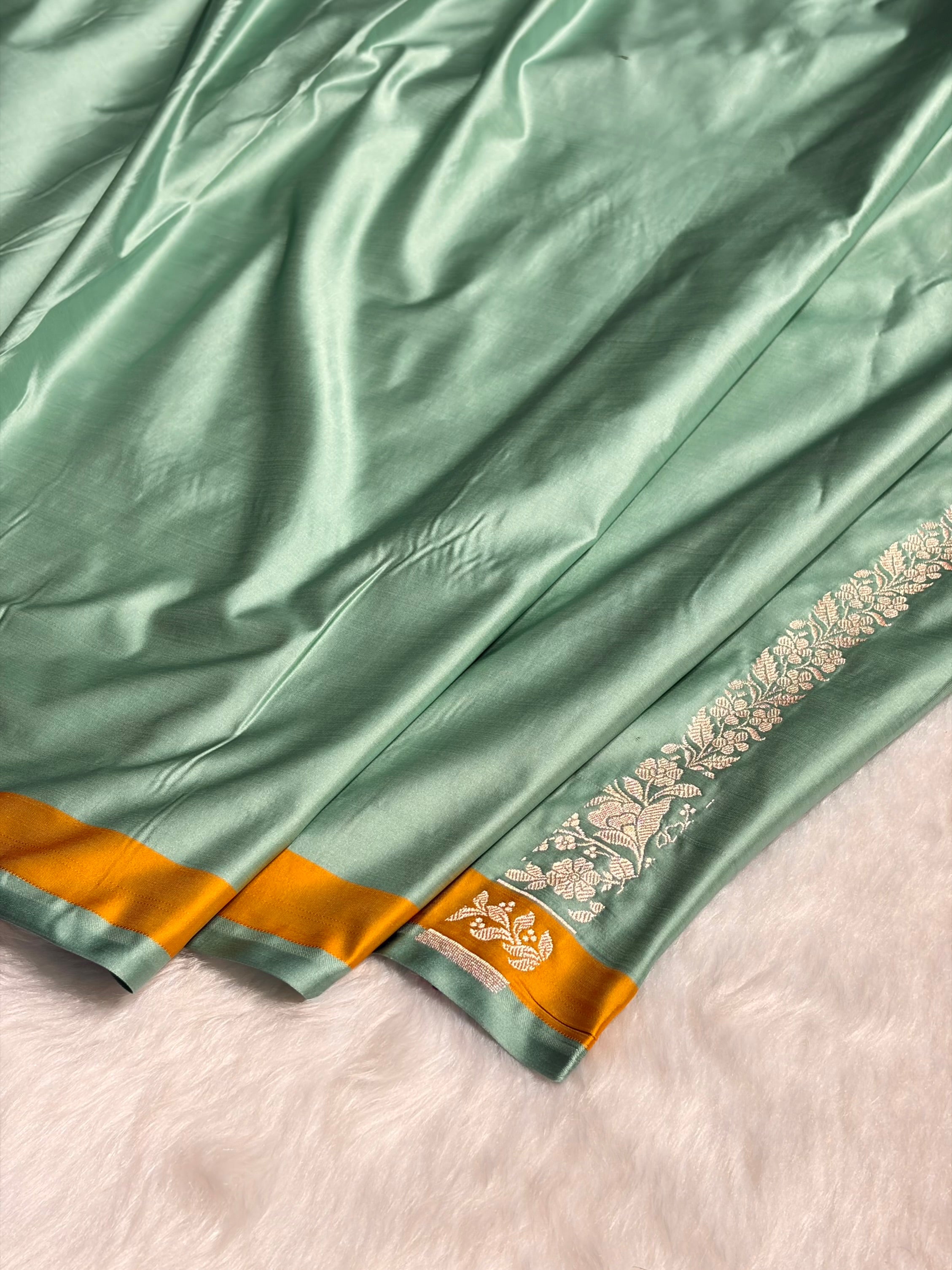 Turquoise Shades Floral Minakari Skirt Border Mashru Silk Saree MSM-83