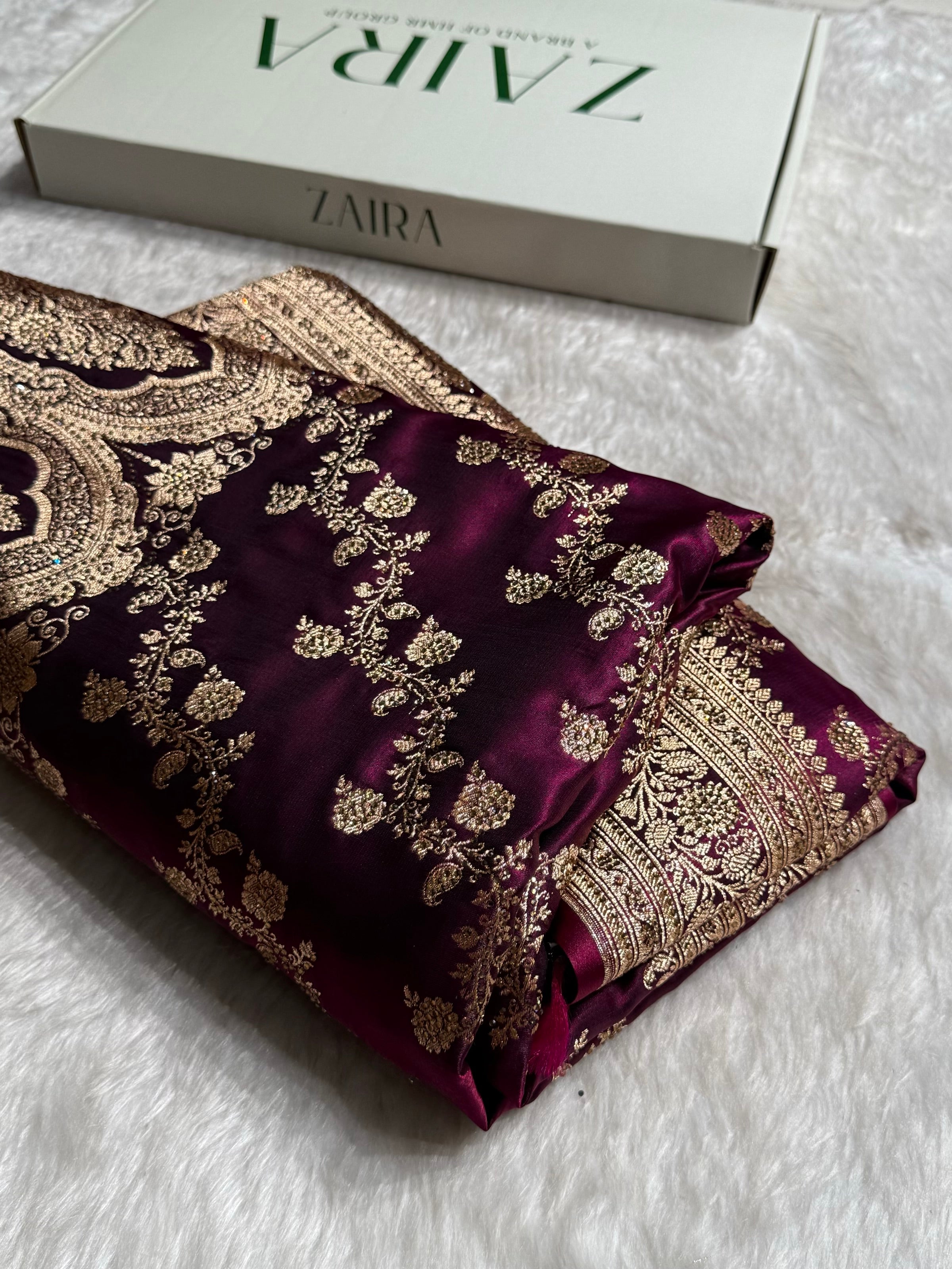 Wine Shades Banarasi Cross Jaal With Stone Work Satin Silk Saree BSS11