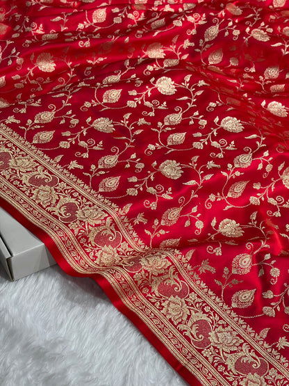 Banarasi Satin Katan Saree With Jaal Pattern in Red Shades SK120