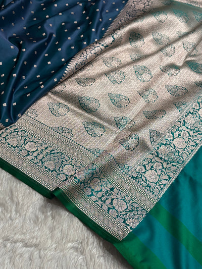 Contrast Peacock / Rama Shade With Booti Pattern Mashru Silk Saree