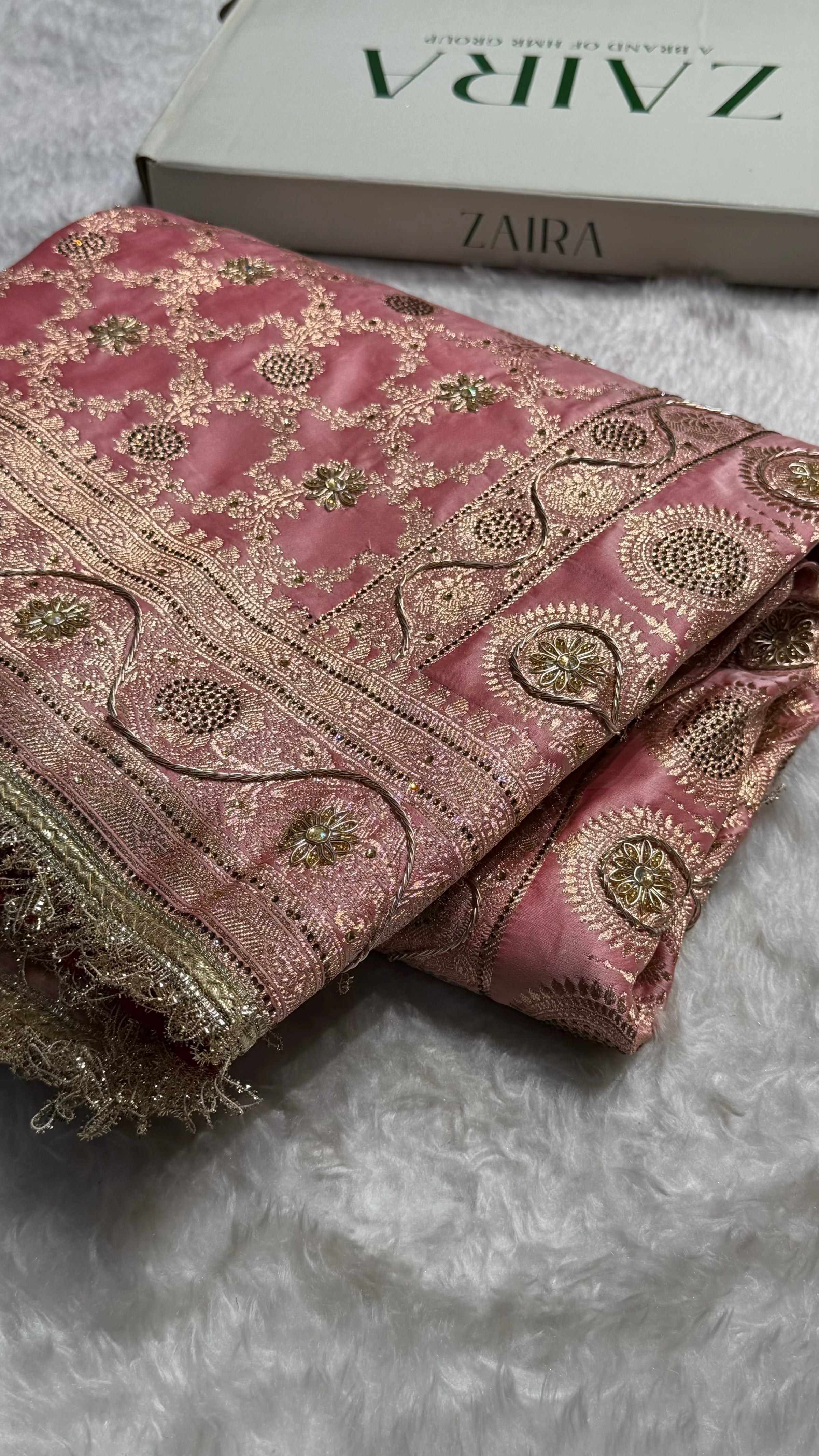 Baby Pink Swavroski & Zardozi Work With Gotta Patti Jaal Pattern Satin Katan Silk Saree BSKGP25