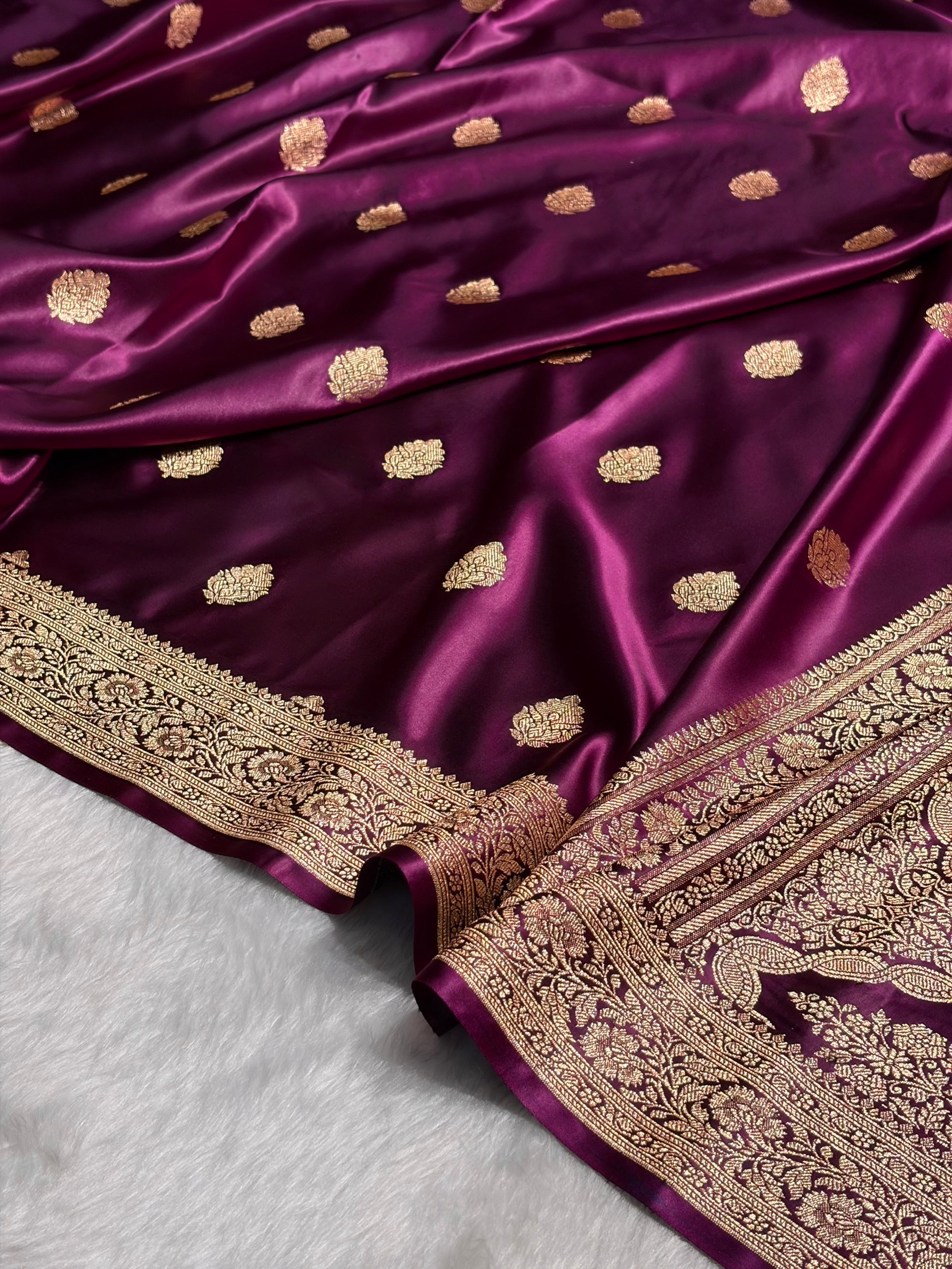 Wine Booti Pattern Satin Katan Silk Saree SK65
