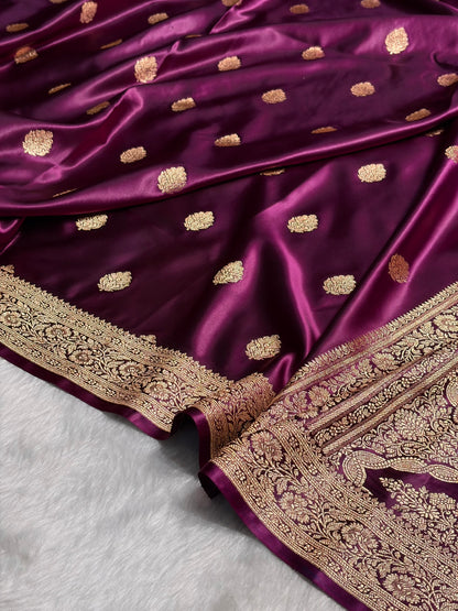 Wine Booti Pattern Satin Katan Silk Saree SK65