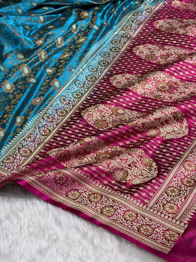 Firozi  - Rani Contrast Jamawar Tanchoi Jaal Katan Silk Saree SKTM-21