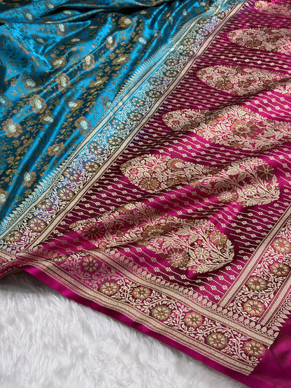 Firozi  - Rani Contrast Jamawar Tanchoi Jaal Katan Silk Saree SKTM-21