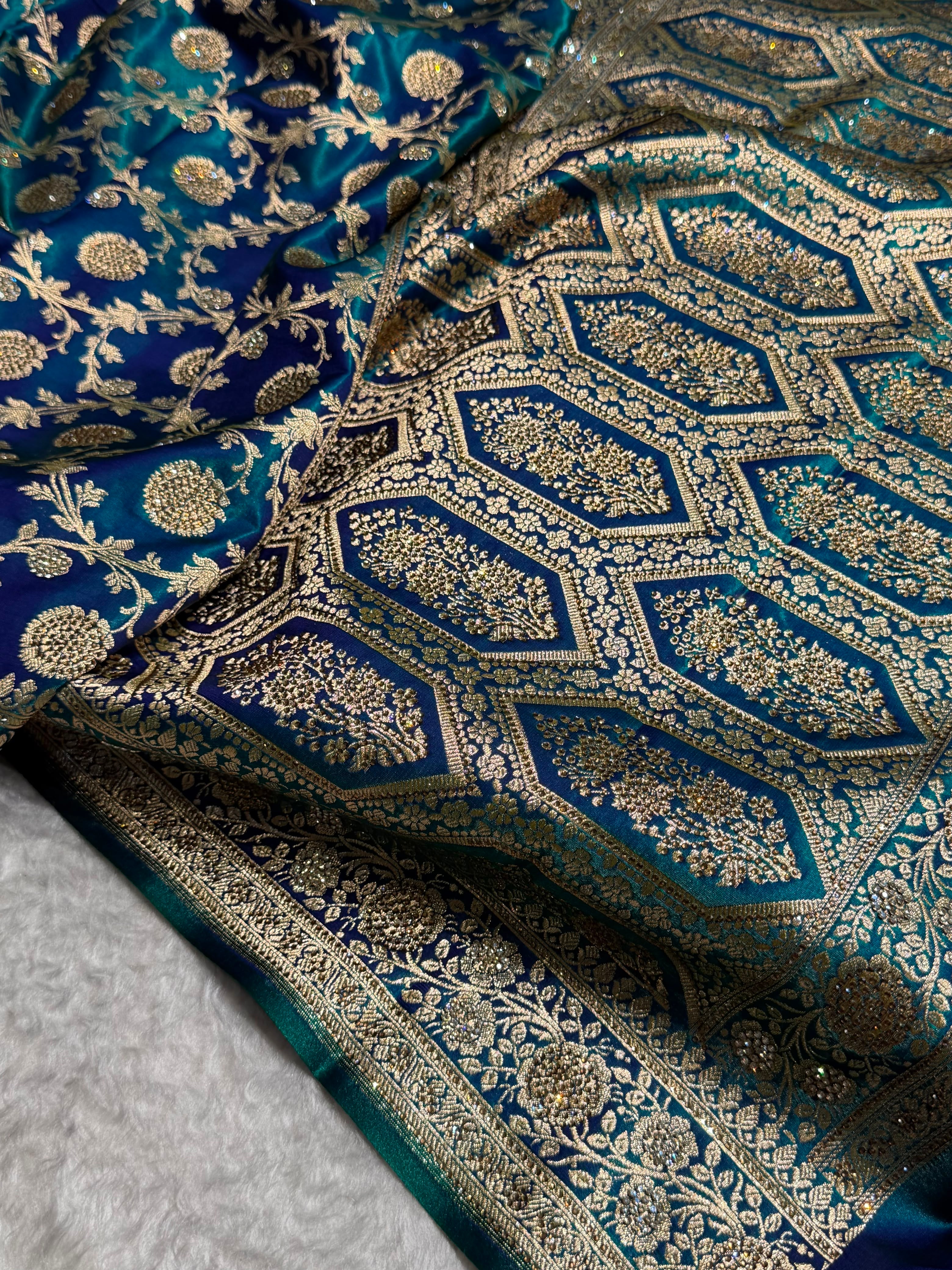 Peacock With Swarovski Stone Work Jaal Pattern Satin Silk Saree BSS15