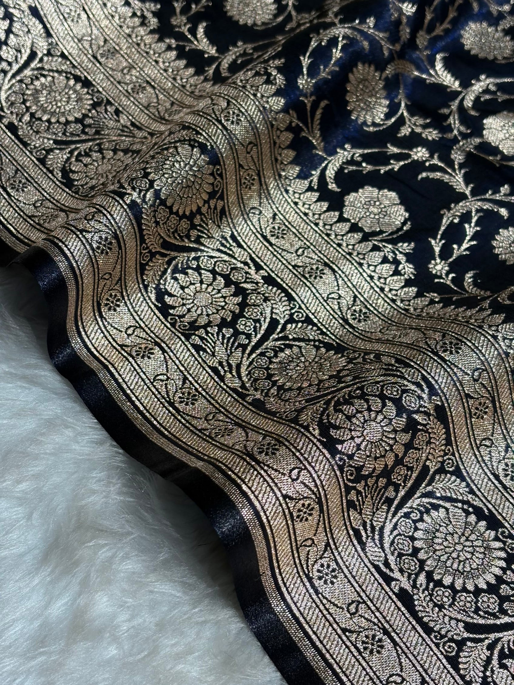 Ultra Light Weight Satin Silk Jaal in Dark Navy Blue Shades SS13