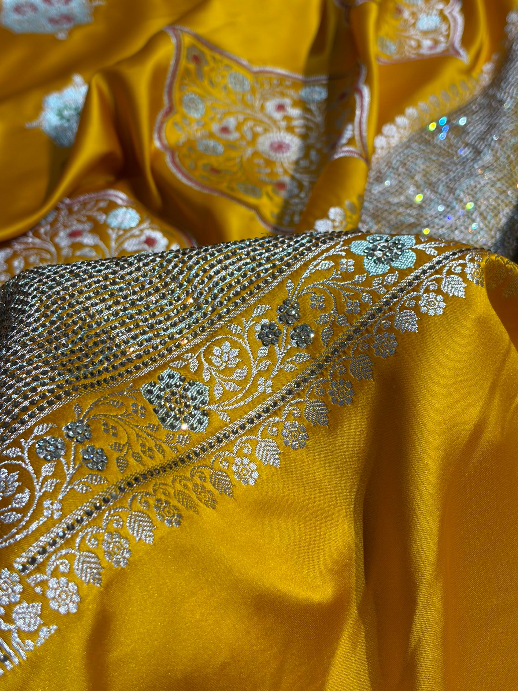 Premium Banarasi Satin Katan Saree Swarovski Work Minakari Booti Pattern in Mustard Shades BSK04