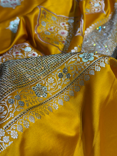 Premium Banarasi Satin Katan Saree Swarovski Work Minakari Booti Pattern in Mustard Shades BSK04
