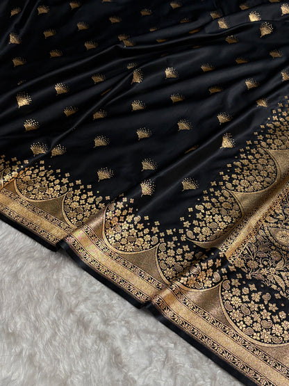 Black Floral Banasari Pattern Satin Katan Silk Saree SK83