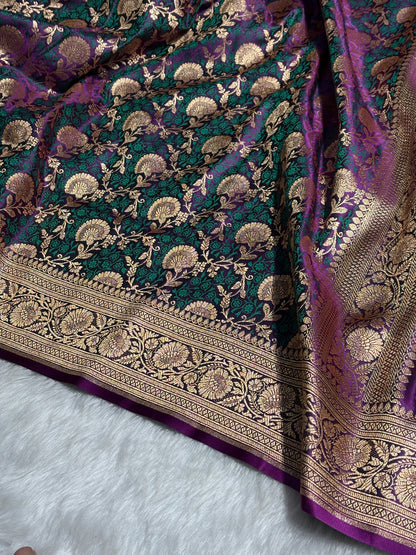 Purple With Green Tanchoi Satin Katan Silk Saree SKTM-05