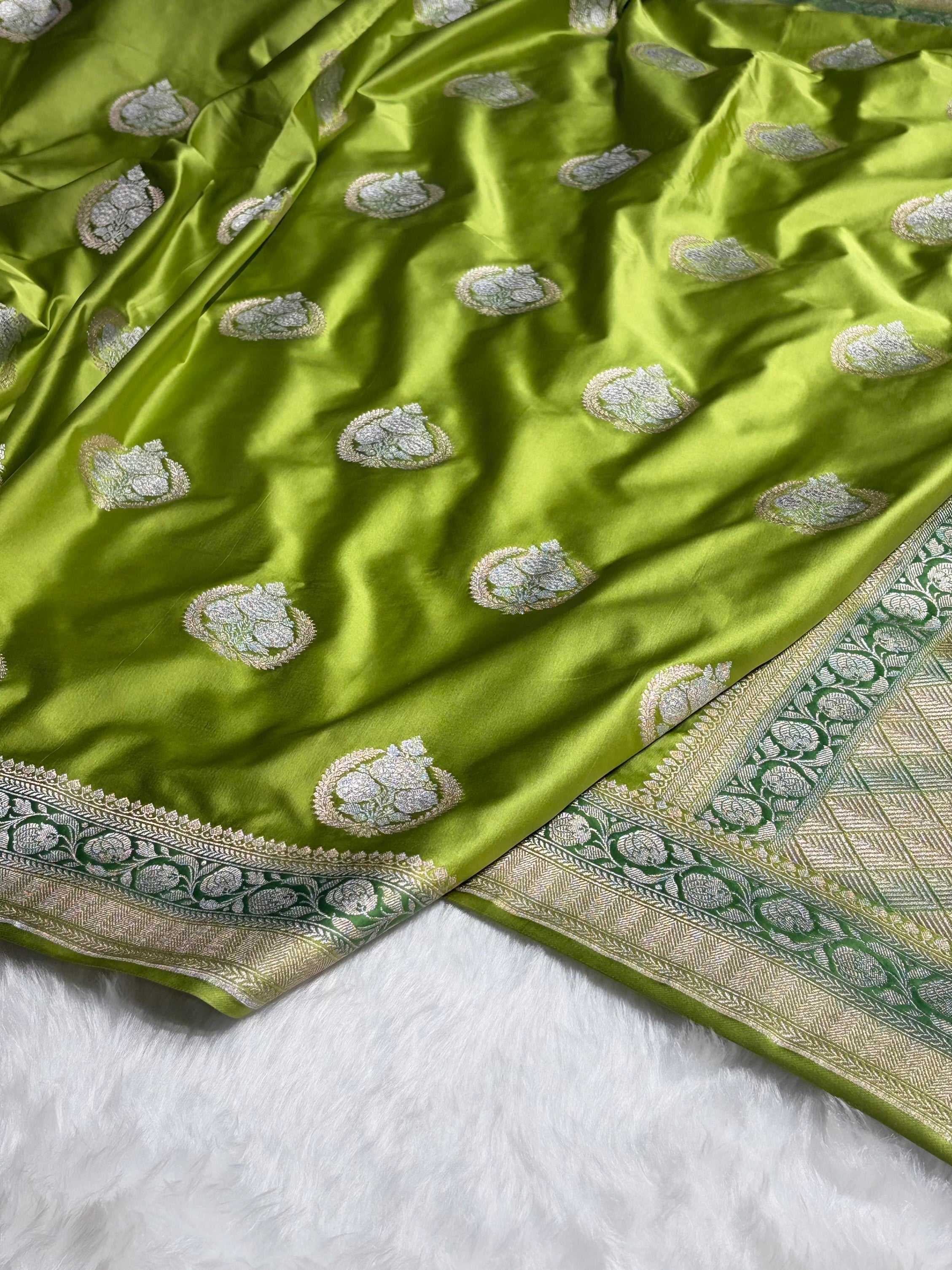 Parrot Green Minakari Boota Mashru Silk Saree MS35