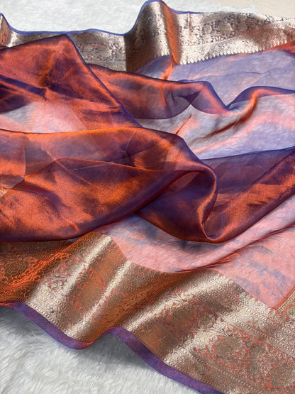 Rusty Royal Blue Shades Pure Tissue Silk Saree with Brocade Blouse PT-08