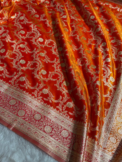 Fire Gold Contrast Shades Jaal Pattern Banarasi Satin Silk Saree SS47