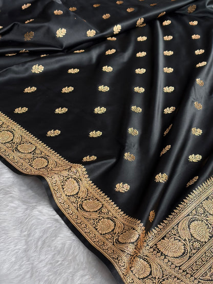 Black Floral Boota Pattern Satin Katan Silk Saree SK71