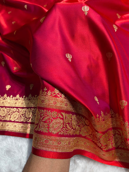 Magentic Red Booti Pattern Satin Katan Silk Saree SK66