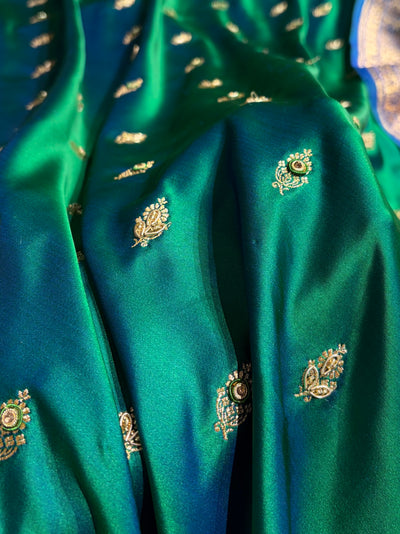 Banarasi Bridal Cross Green Work Pattern Satin Katan Silk Saree BSK82