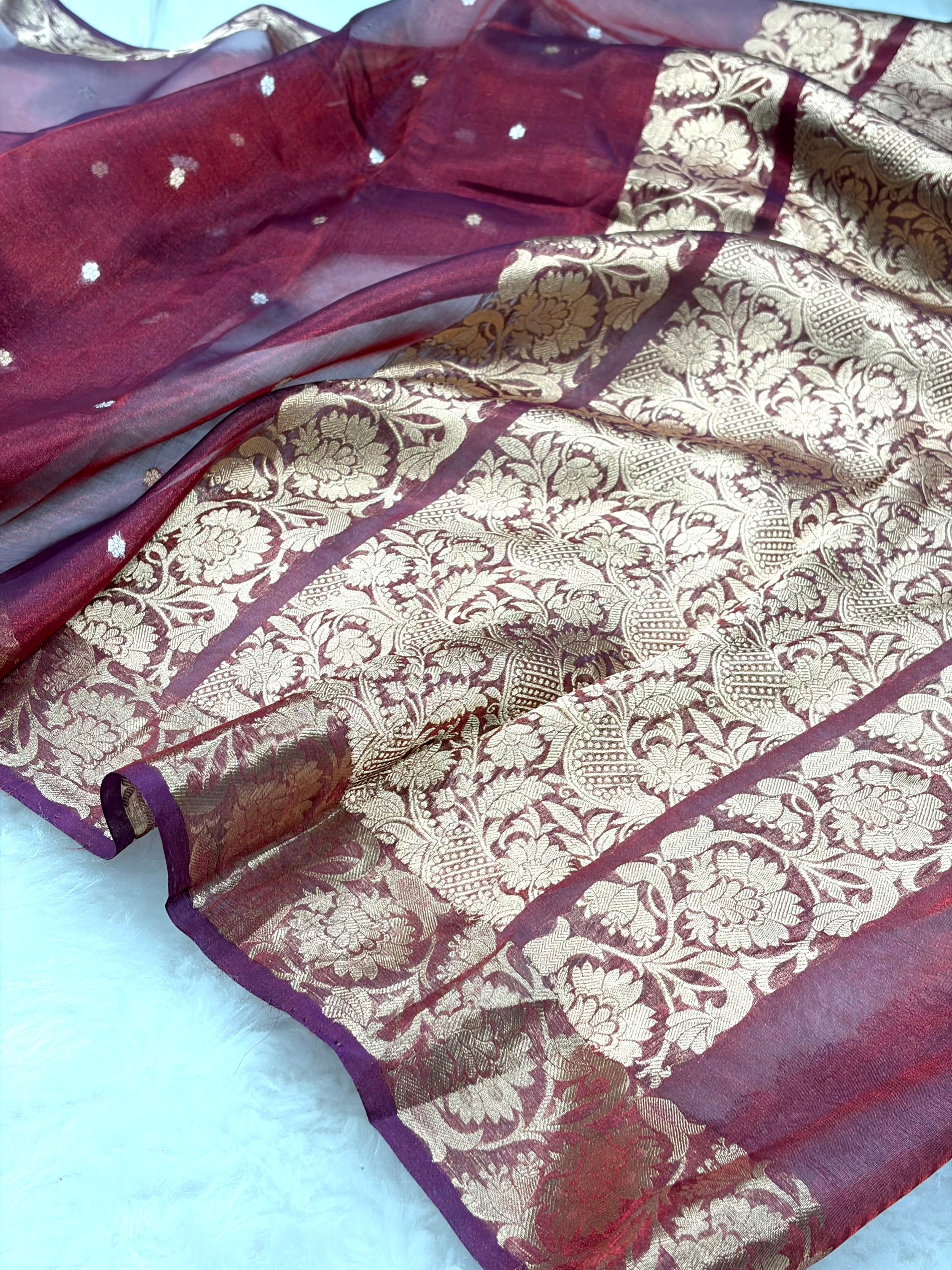 Maroon Bananasi Floral Shades Pure Tissue Silk Saree PT-42