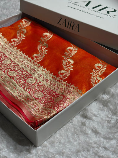 Fire Gold Contrast Shades Cross Pattern Banarasi Satin Silk Saree SS39