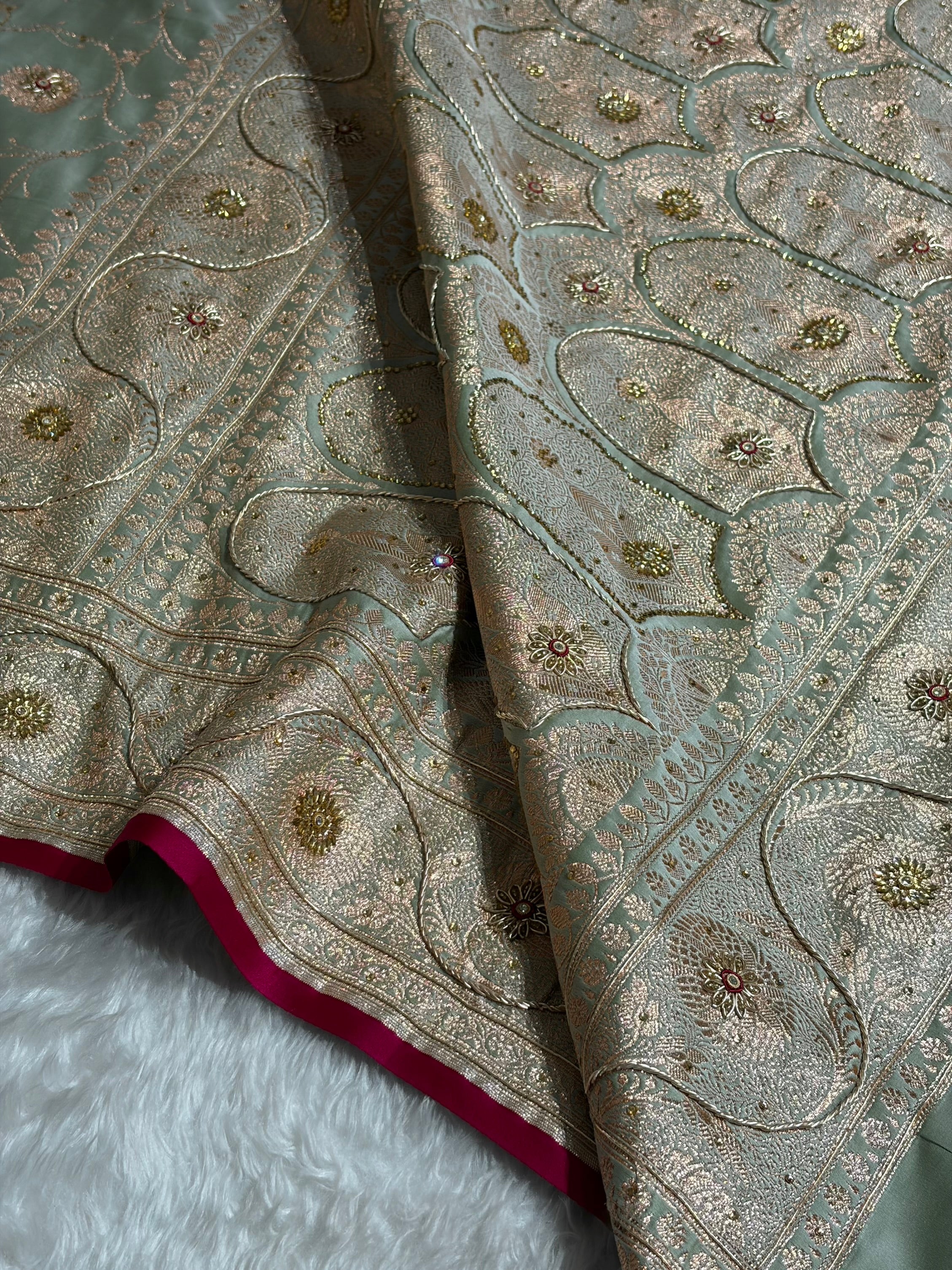 Pastel Mahndi Banarasi Jaal Satin Katan Silk Saree with Stone & Zardozi Work BSK06