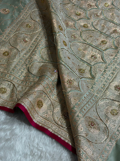 Pastel Mahndi Banarasi Jaal Satin Katan Silk Saree with Stone & Zardozi Work BSK06